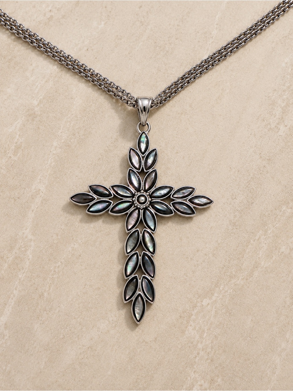 New Abalone Cross Pendant & Stainless Steel Necklace – New Without Tags